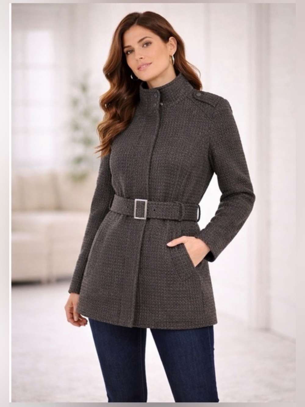 Wool Blend Waffle Textured Belted Coat‎ Black Size M Cold Days Jacket